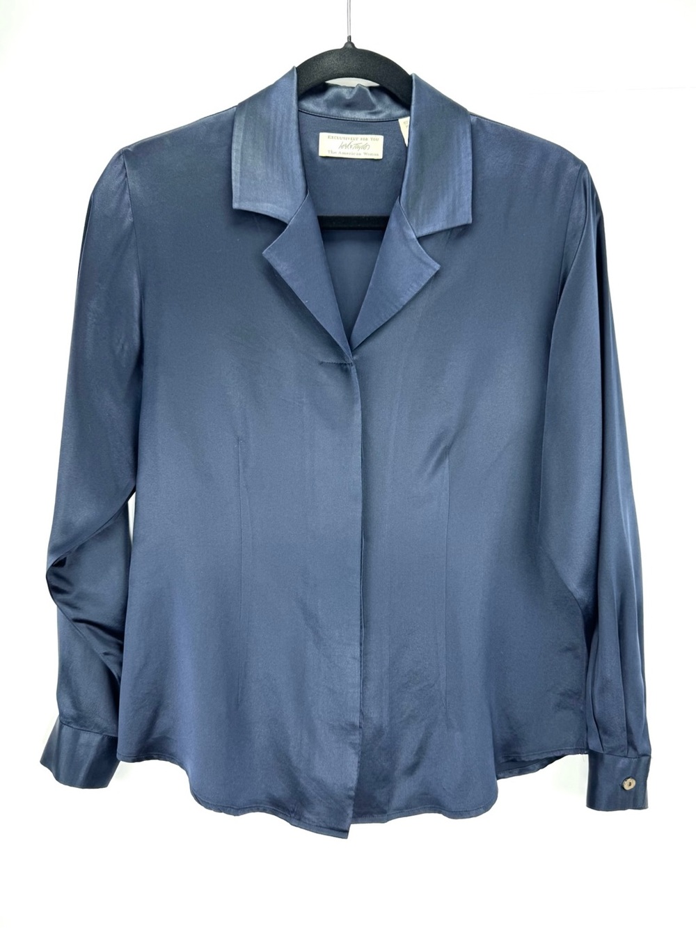 100% Silk Navy Blue Button-Front Long Sleeve Blouse